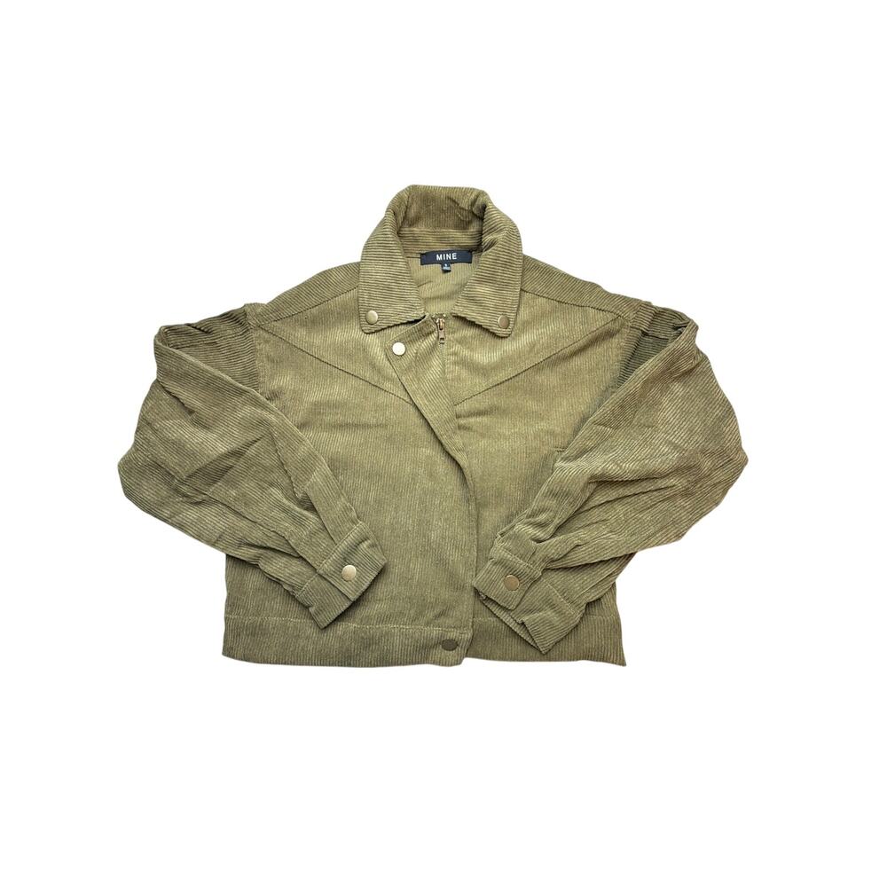 MINE Olive Green Corduroy Cropped Moto Jacket Snap Button Up‎ Size S